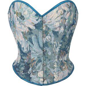 Women Blue Floral Lace Up Boned Overbust Corset Top Bustier Lingerie Bodysuit